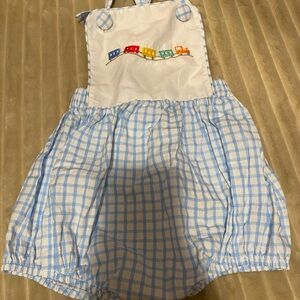 Vintage Blue Gingham Kids Romper with Colorful Train Embroidery